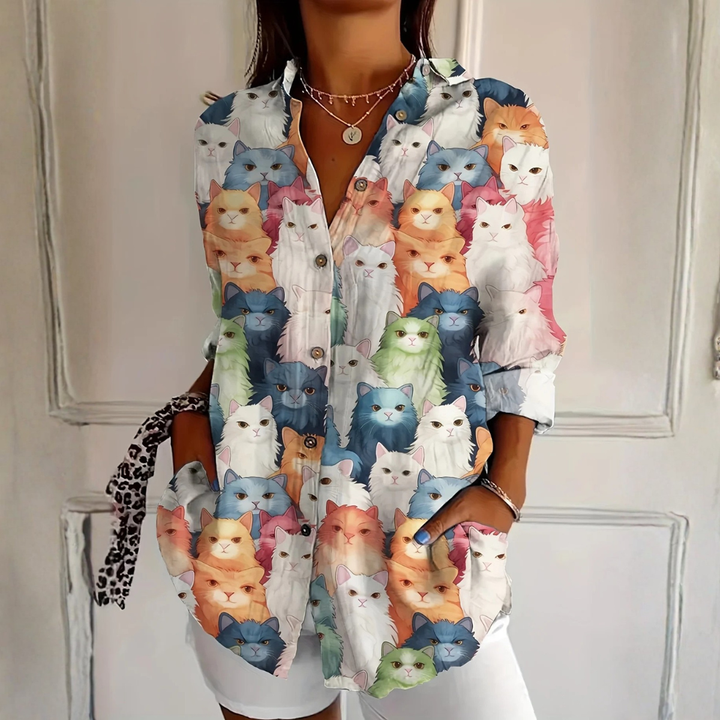 Cateline™ Playful Cat Print Blouse