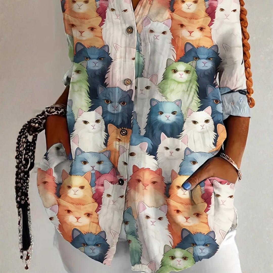 Cateline™ Playful Cat Print Blouse