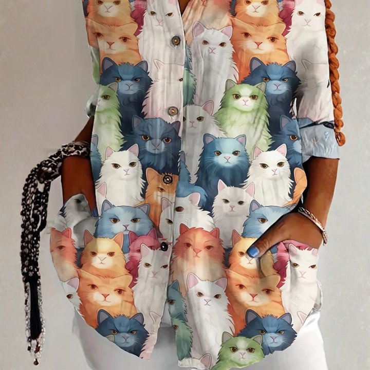 Cateline™ Playful Cat Print Blouse