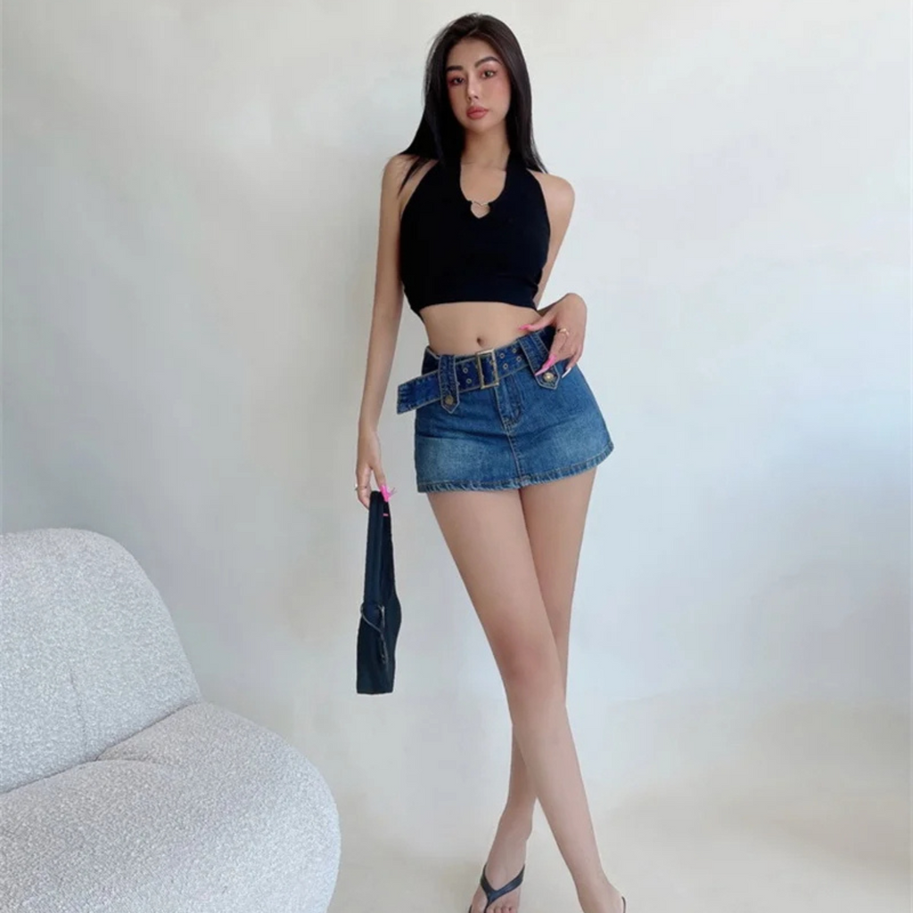 Vixen Belted Denim Mini Skirt