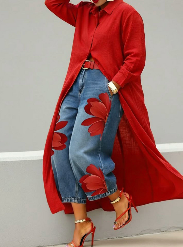 Red Flower | Denim & Shirt Set