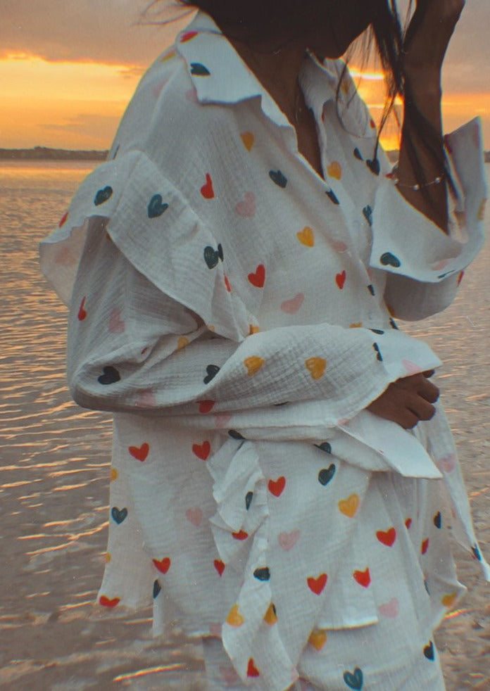 OPHELIE – HEART PRINT SHIRT & SHORTS TWO-PIECE SET