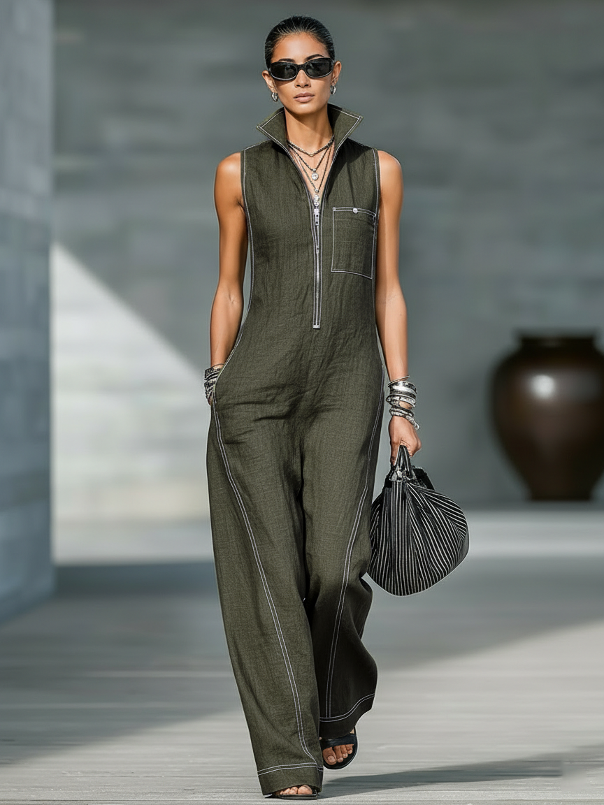 Women's Minimalist Sleeveless Overalls with White Trim