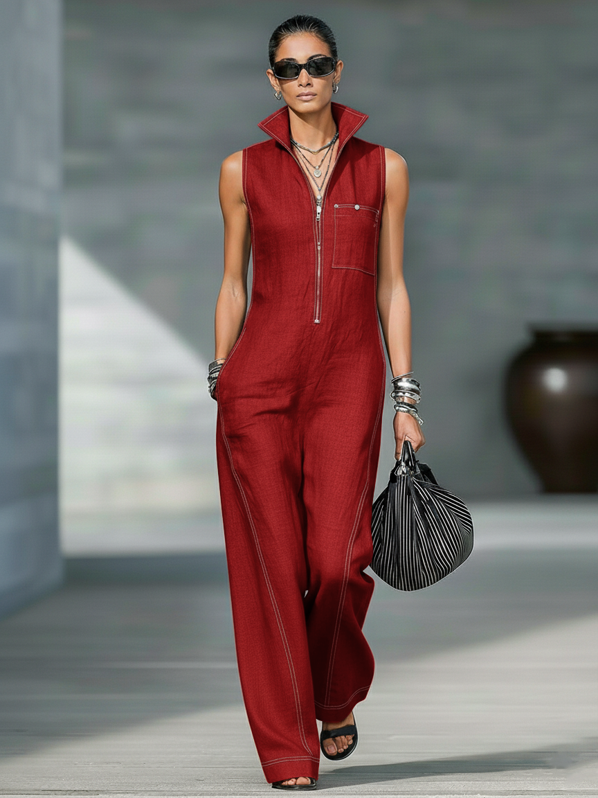 Women's Minimalist Sleeveless Overalls with White Trim