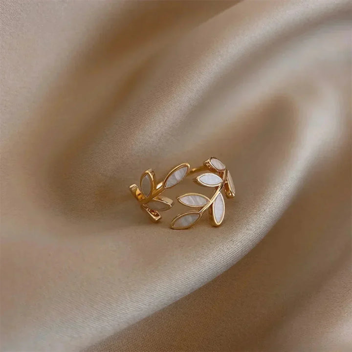 Adjustable Gold Ring with White Opal Leaf