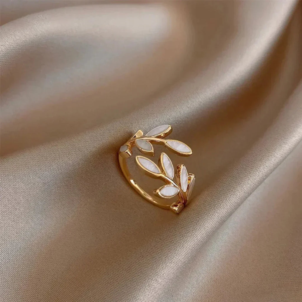 Adjustable Gold Ring with White Opal Leaf