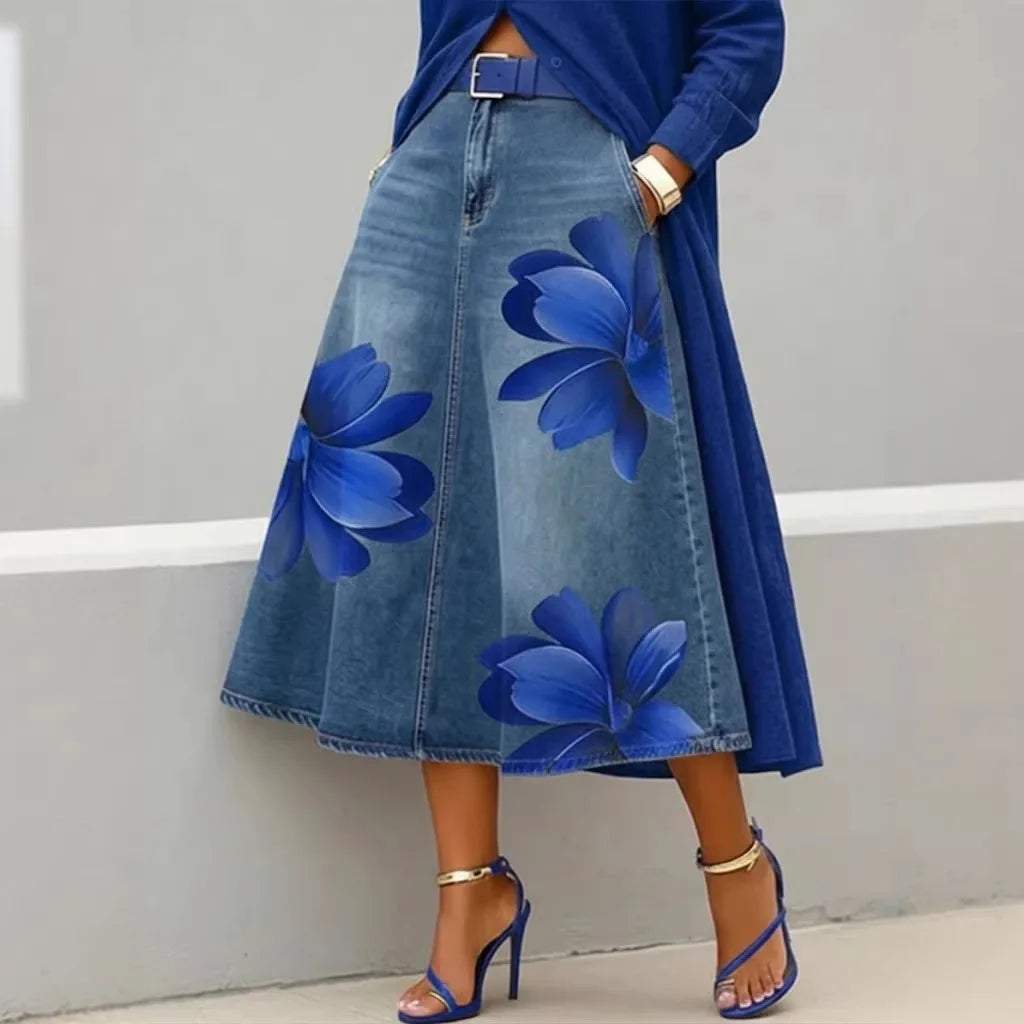 Red Flower | Denim Skirt