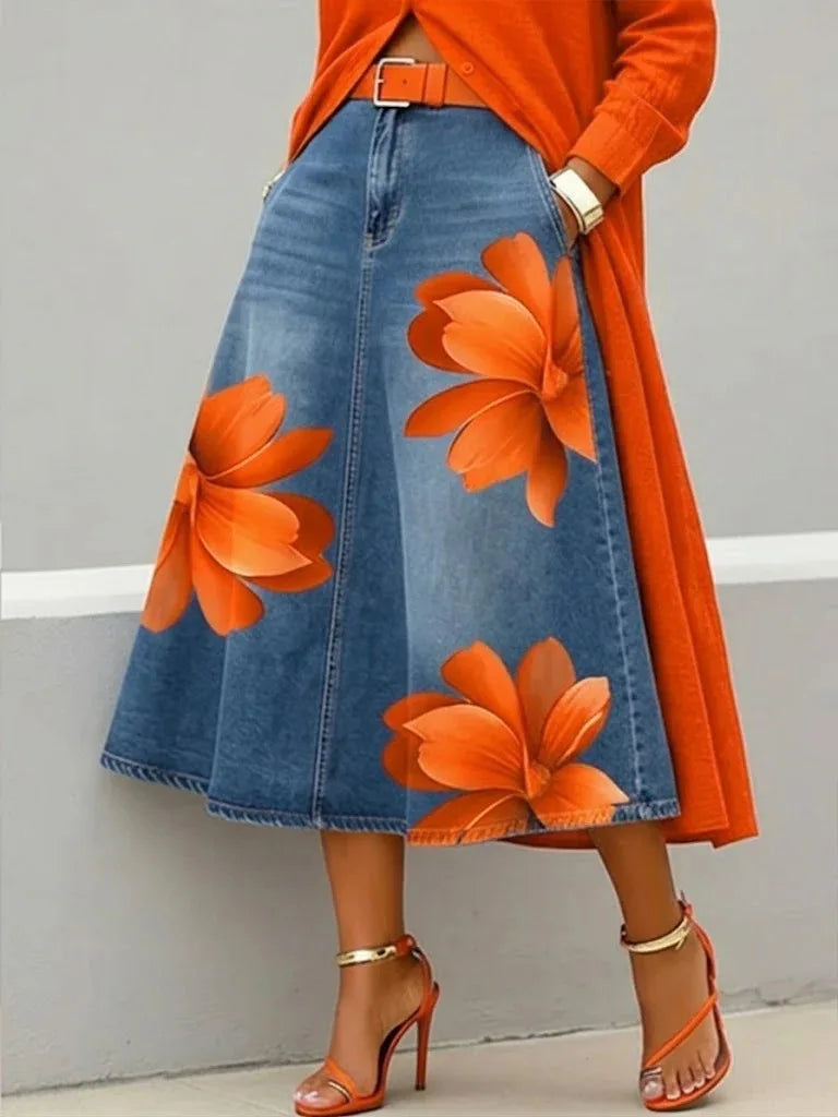 Red Flower | Denim Skirt