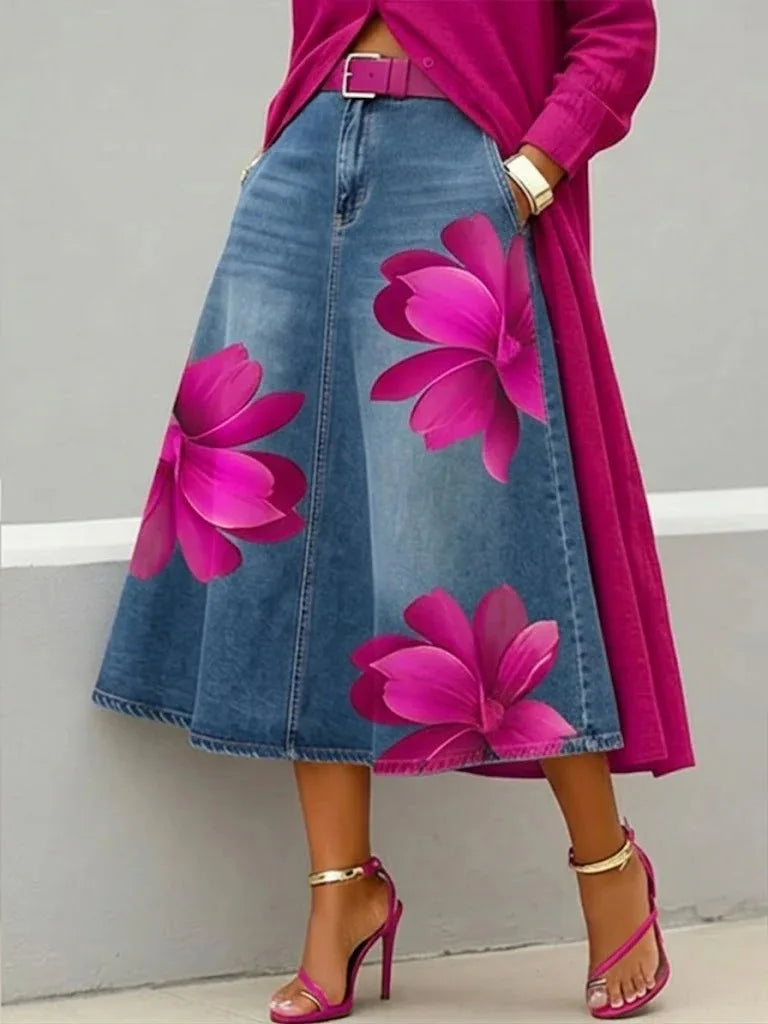 Red Flower | Denim Skirt