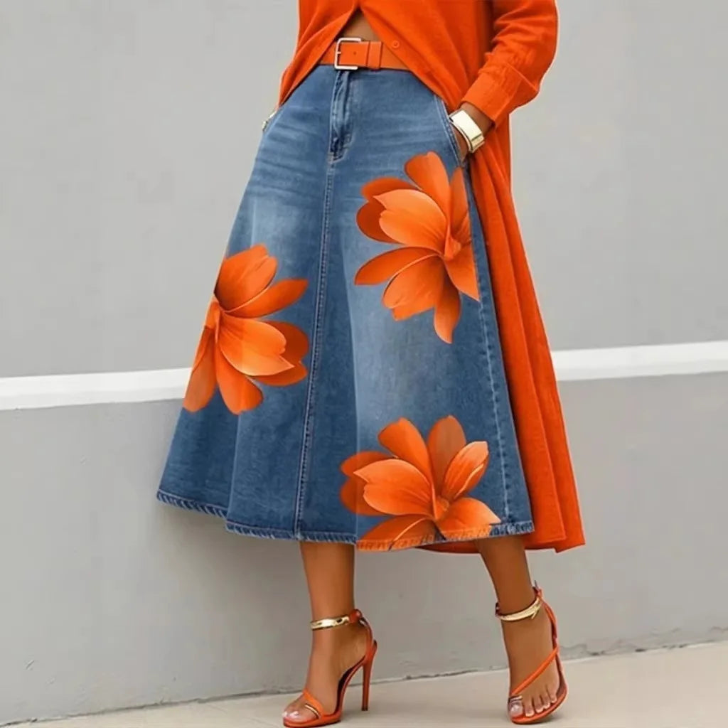 Red Flower | Denim Skirt