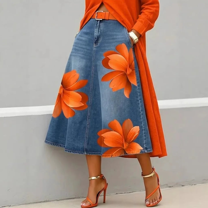 Red Flower | Denim Skirt