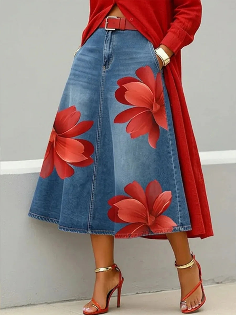 Red Flower | Denim Skirt