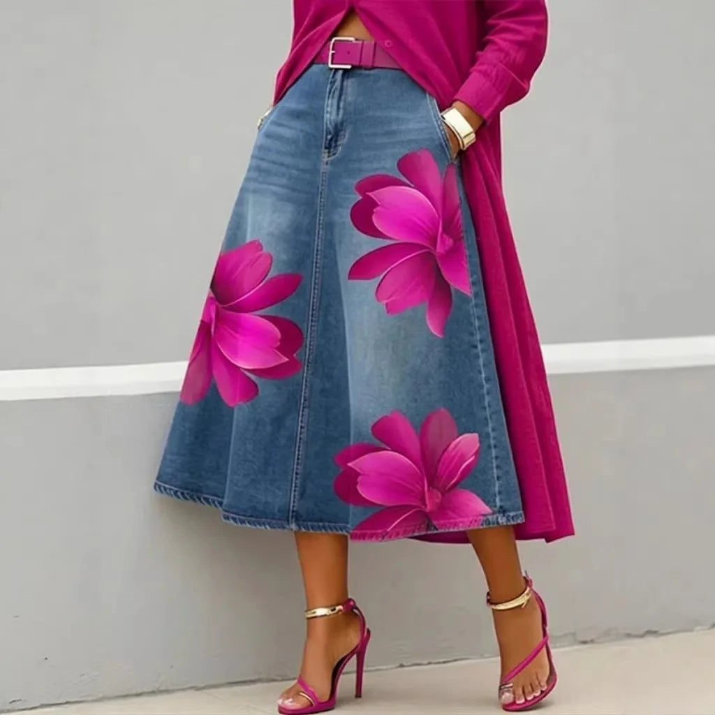 Red Flower | Denim Skirt