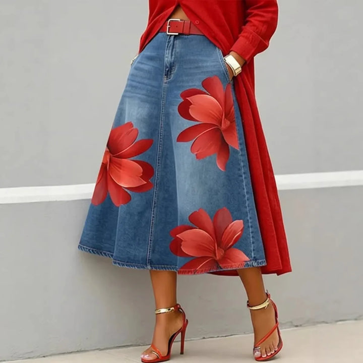 Red Flower | Denim Skirt