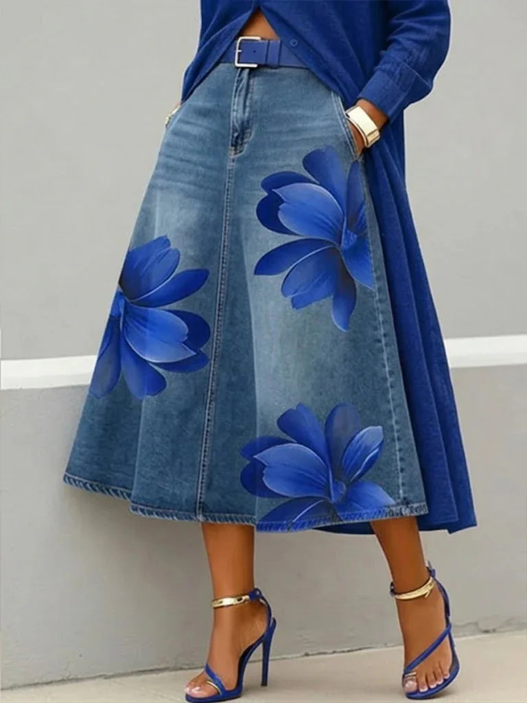 Red Flower | Denim Skirt