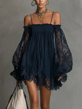Betty • Navy blue mini dress with off-shoulder neckline, lace trim, and sheer sleeves
