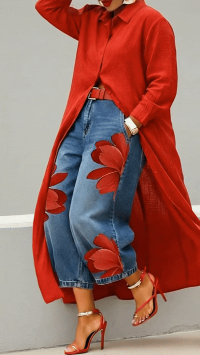 Red Flower | Denim & Shirt Set
