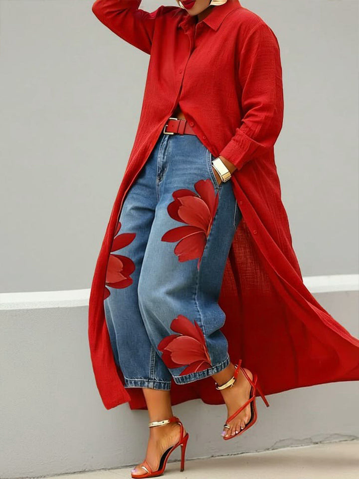 Red Flower | Denim & Shirt Set