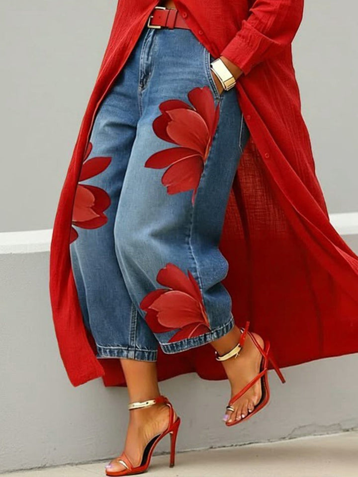 Red Flower | Denim & Shirt Set