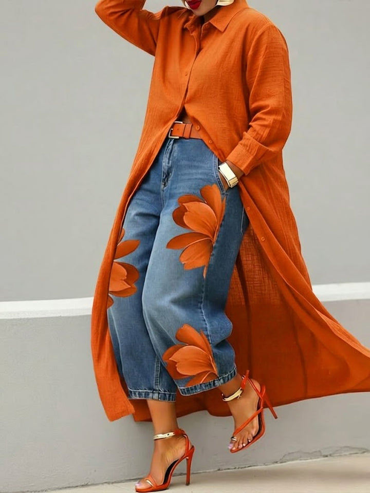 Red Flower | Denim & Shirt Set