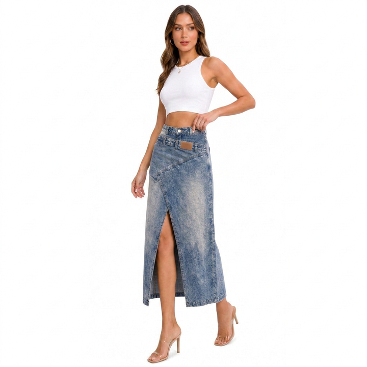 Lía | Asymmetrical Denim Midi Skirt
